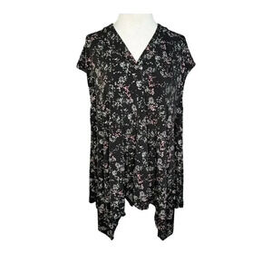 Alfani Women's Floral V-Neck Handkerchief Hem Tank Top‎ Black Size Large EUC